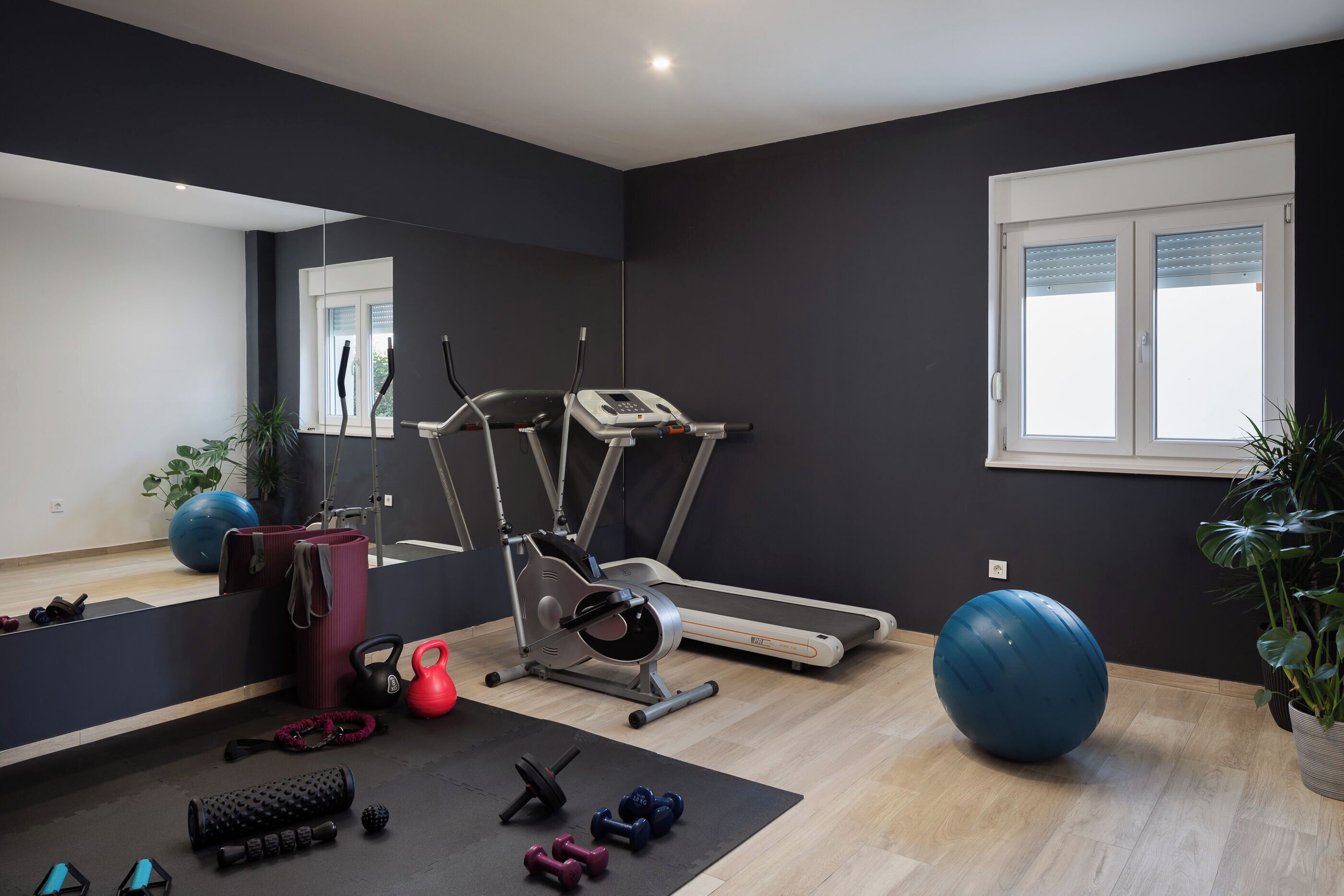 A gym with exercise equipment, a treadmill, and a large blue exercise ball.