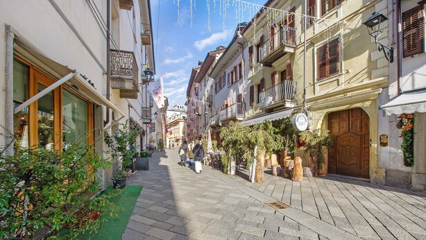 Una calle estrecha flanqueada por edificios, un camino de césped artificial verde y plantas exteriores.
