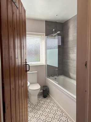 Hair dryer, towels, soap, toilet paper