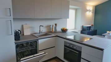 Apartemen Panorama, pemandangan danau | Dapur pribadi | Lemari es, microwave, oven, dan kompor