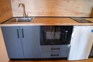 Kühlschrank, Mikrowelle, Herdplatte, Kochgeschirr/Geschirr/Besteck