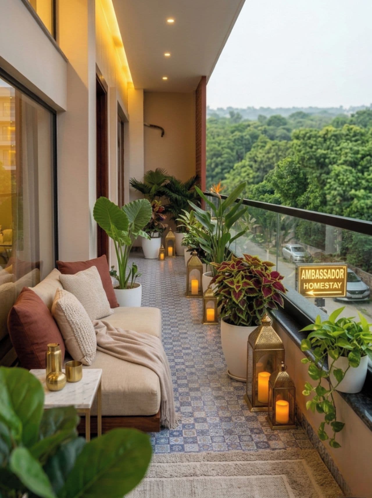 A balcony with a sofa, potted plants, and lanterns.