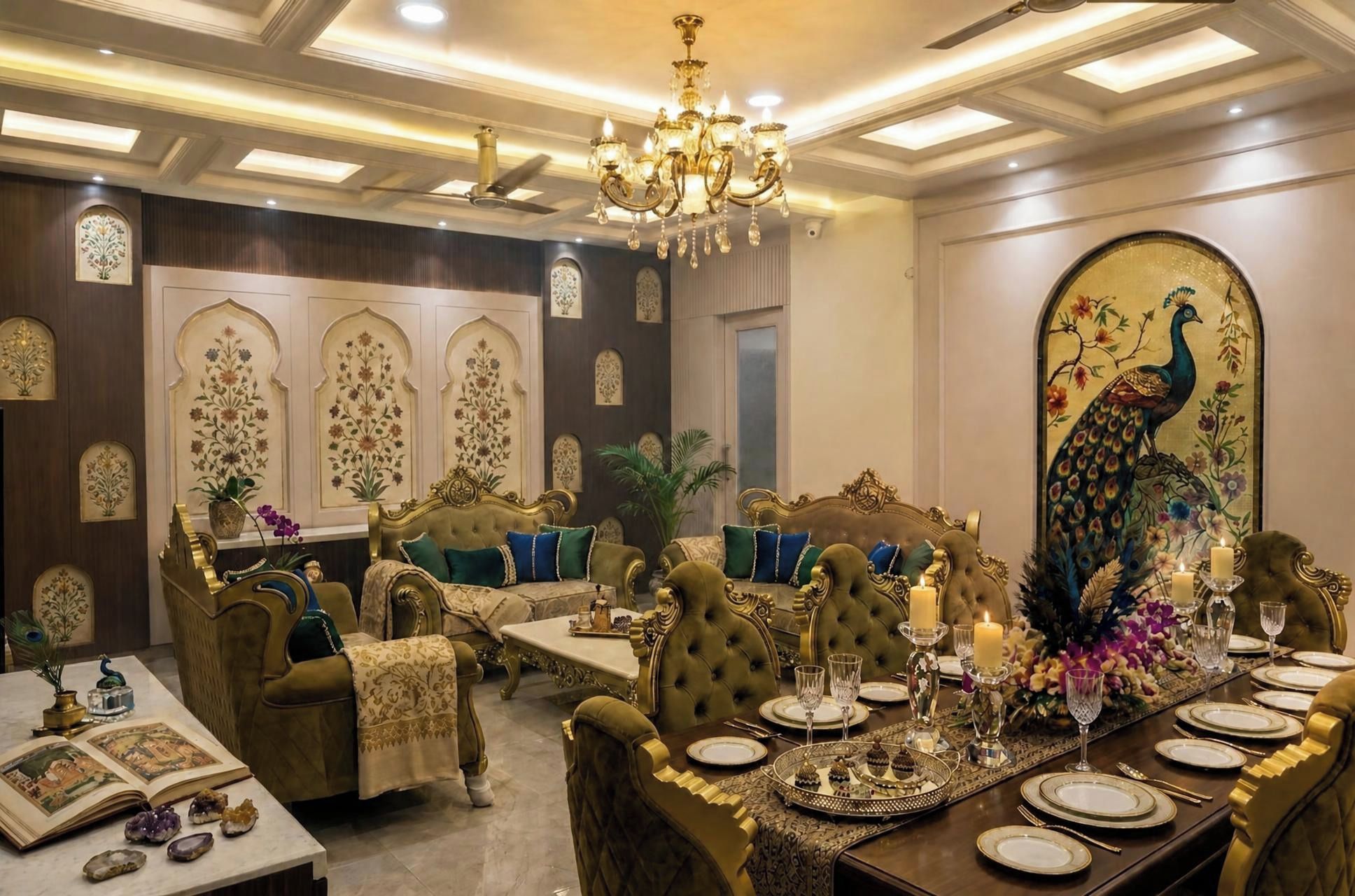 A dining area with ornate furniture, chandeliers, and a peacock mural.