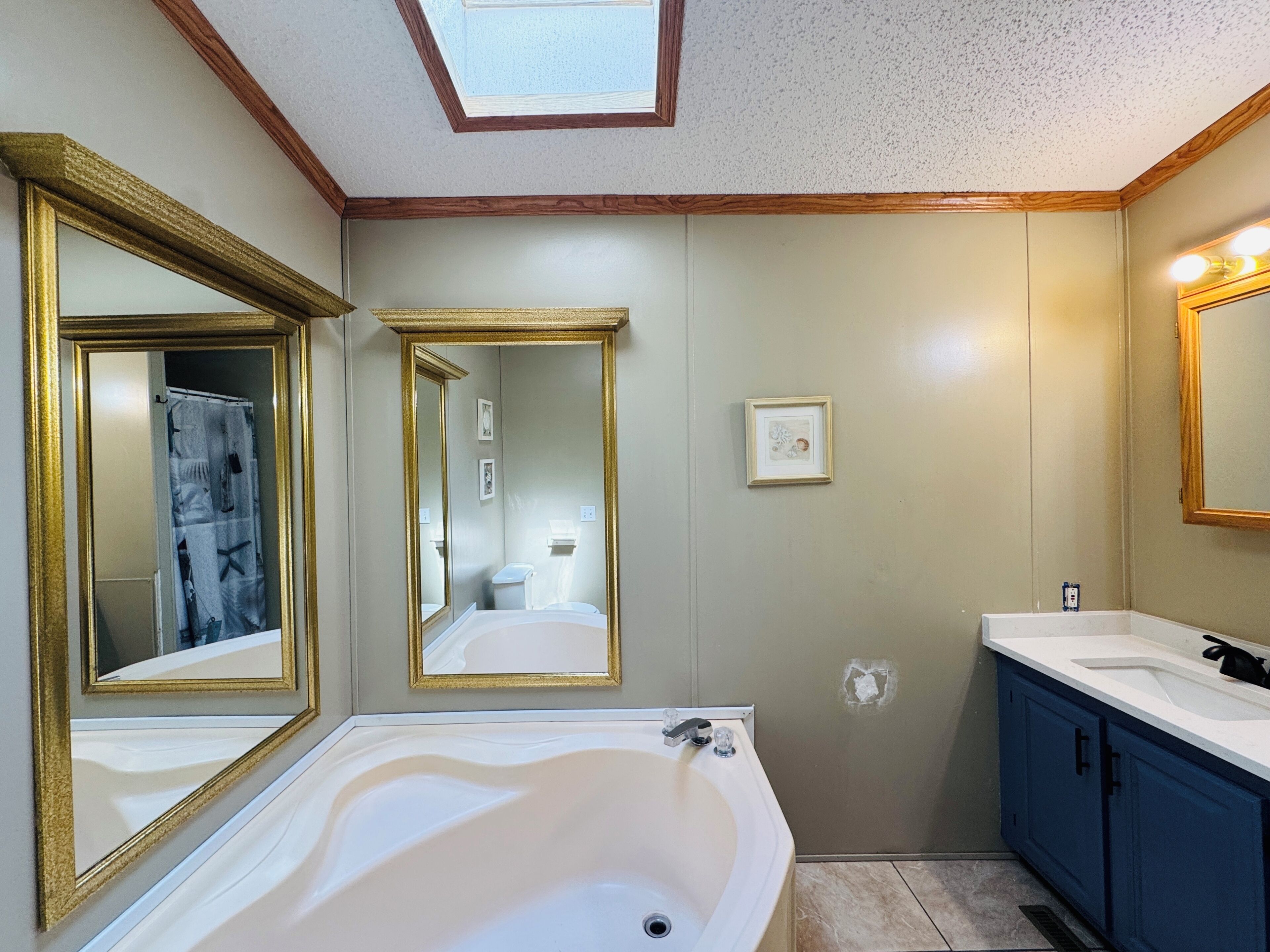 Une salle de bain avec une grande baignoire, deux miroirs avec des cadres dorés, un lavabo et une douche.