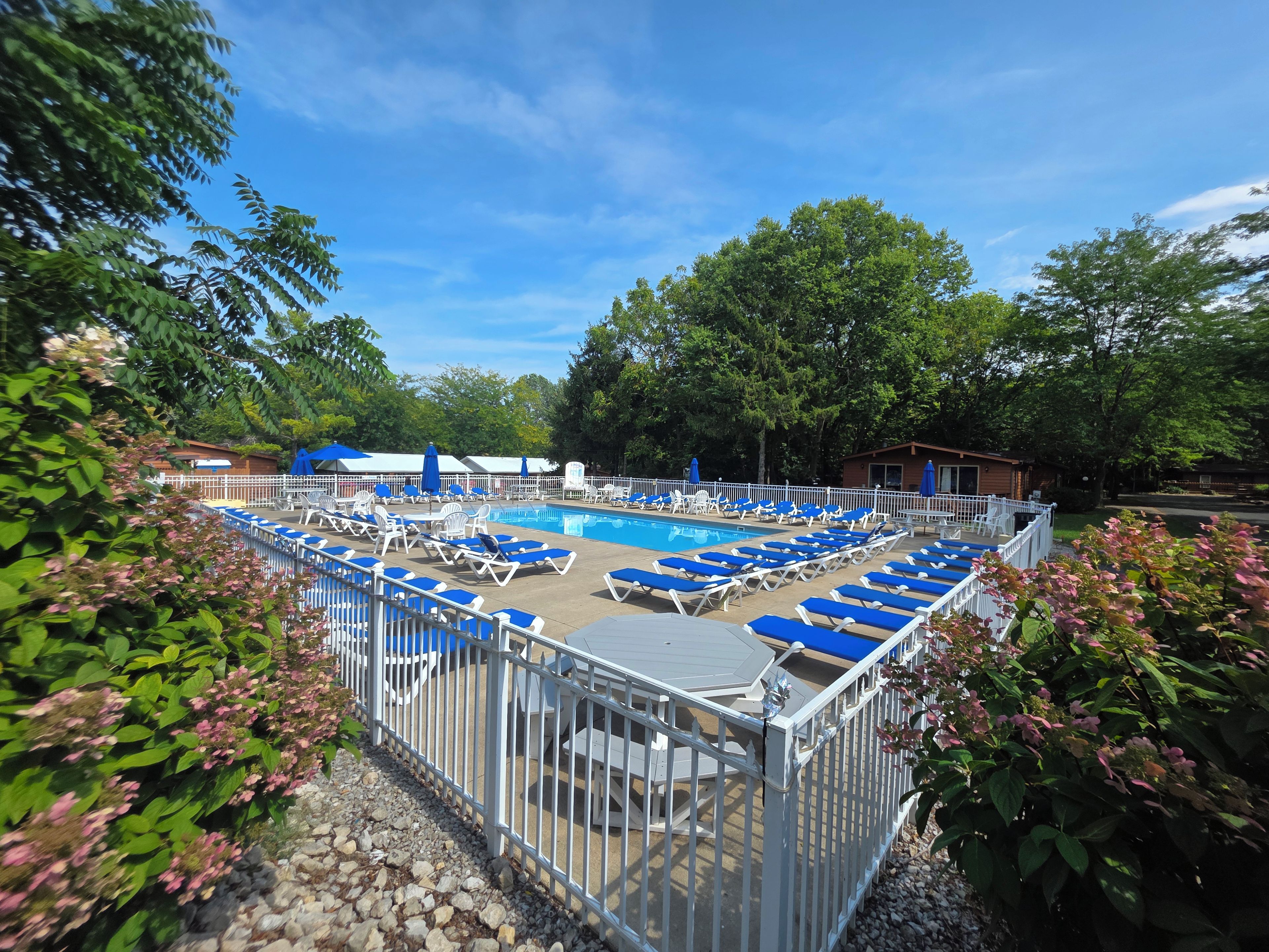 Zona de piscina con múltiples sillas de descanso y una pileta, rodeada por una cerca blanca y follaje.