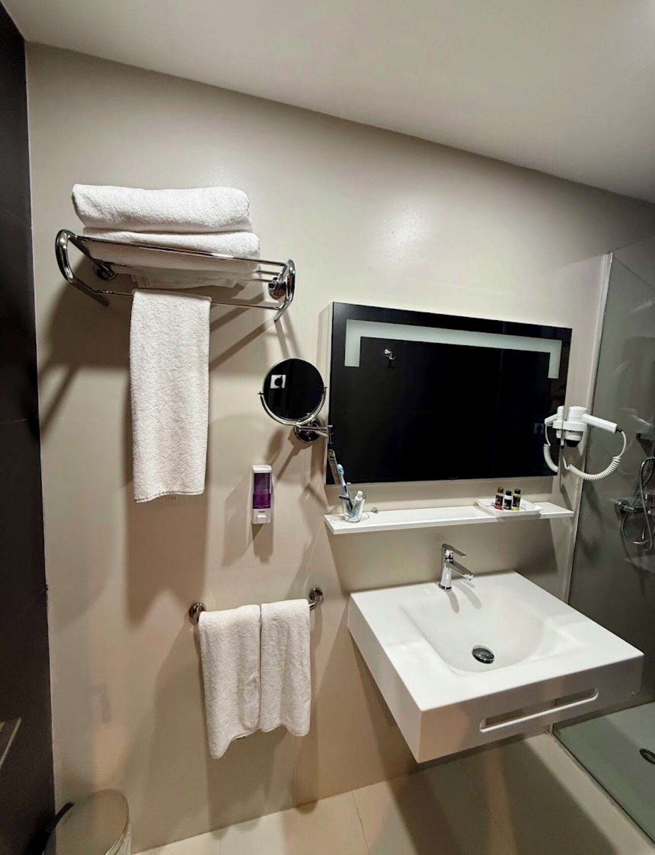 Une salle de bain moderne avec un grand miroir, un lavabo blanc et une cabine de douche en verre.