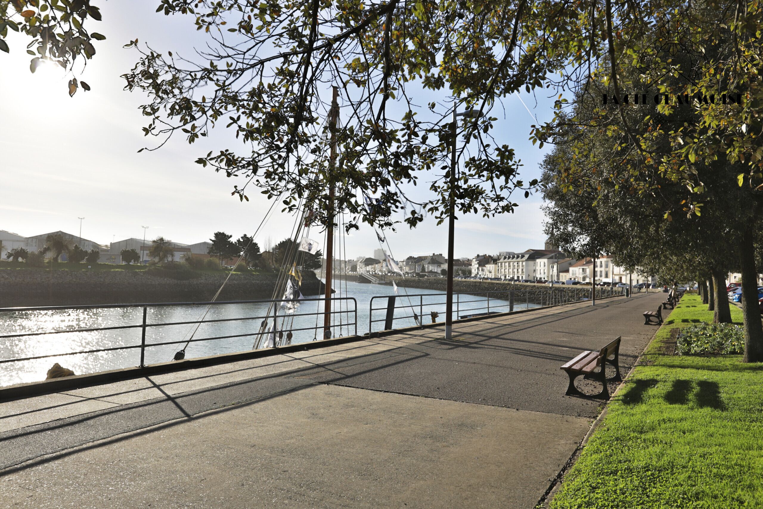 A riverside walkway with benches, a bridge in the background, and buildings across the water.