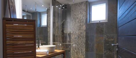 Shower, hair dryer, bidet, towels