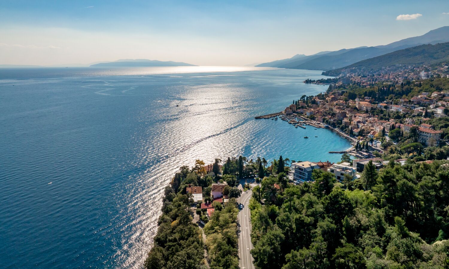 An aerial view of a coastal town with a marina, dense greenery, and a clear view of the sea.
