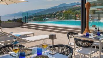 Un espace de restauration sur le toit, avec vue sur la piscine, des sièges en plein air et une table dressée pour deux personnes.