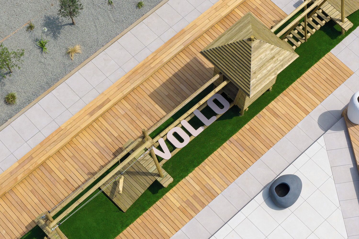 A wooden deck with a pergola structure and the word 'VOLLO' on the ground.