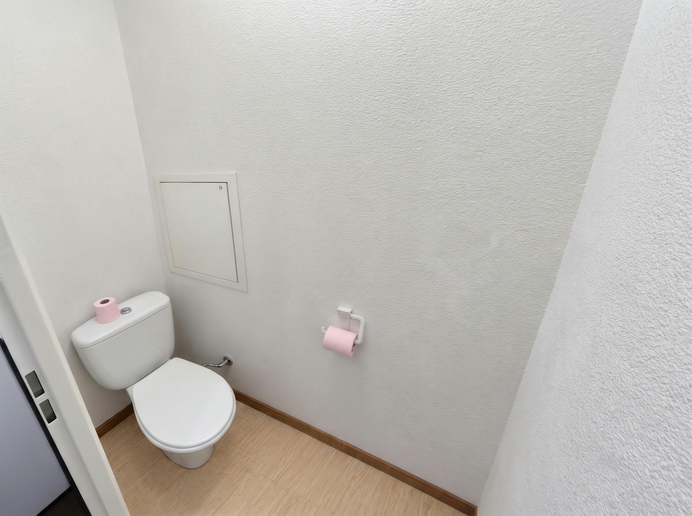 A small bathroom with a toilet, a toilet paper holder, and a wall-mounted mirror.