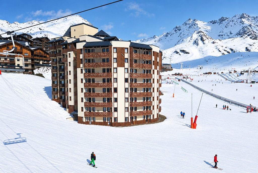 Un hôtel à plusieurs étages avec une piste de ski en arrière-plan.
