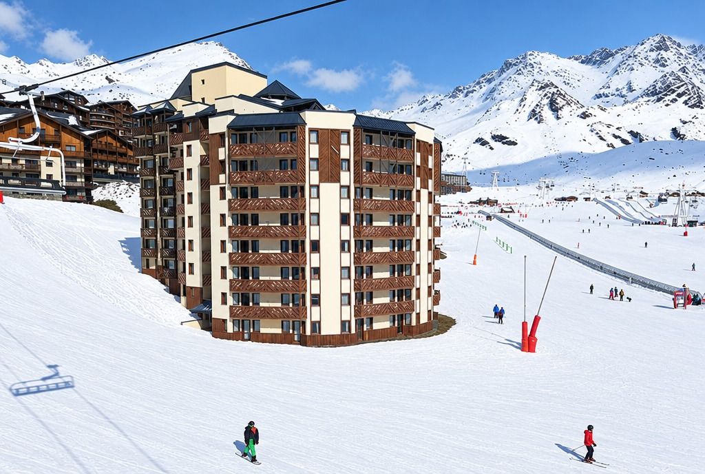Un hôtel à plusieurs étages avec une piste de ski en arrière-plan.
