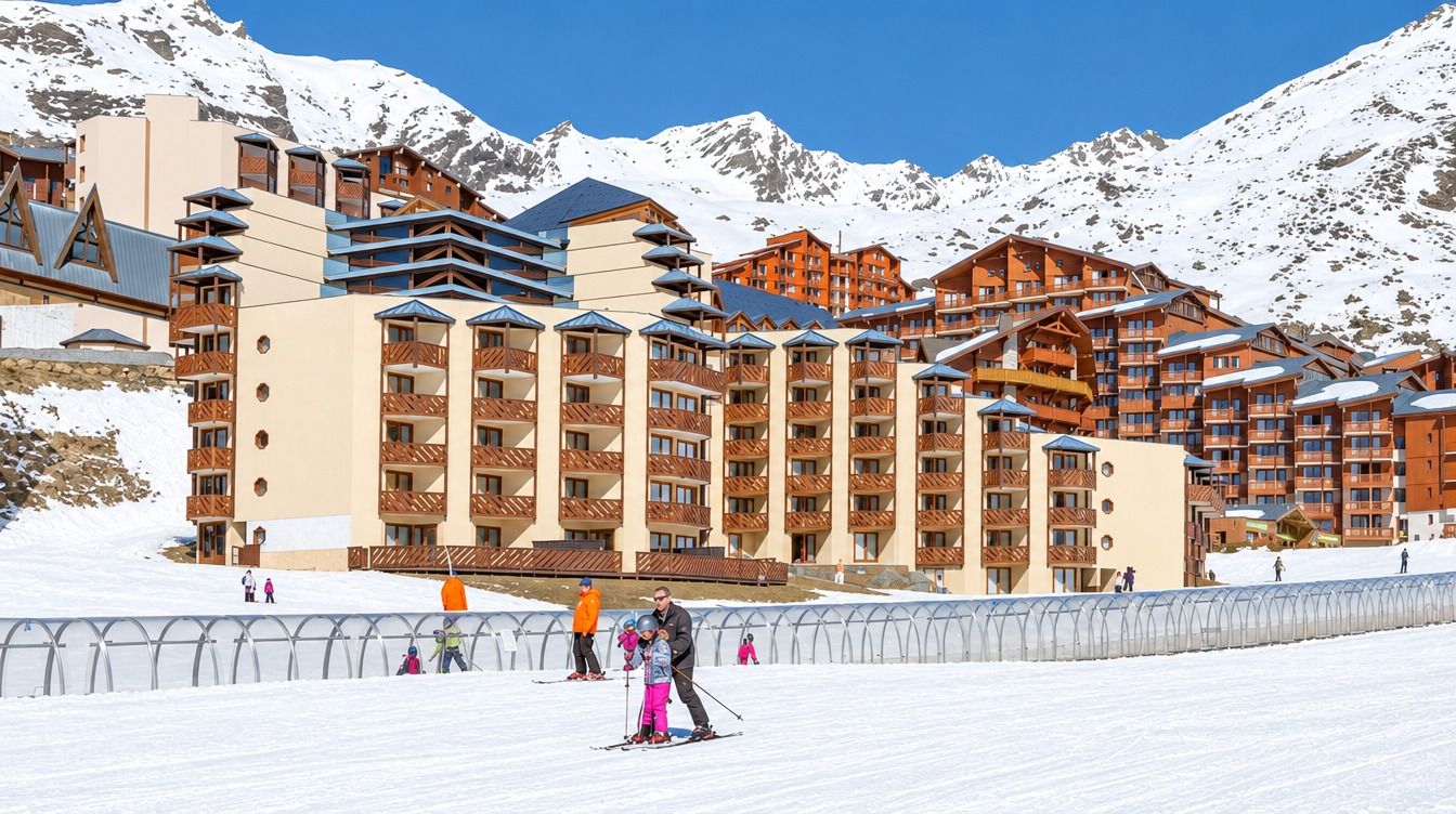 Une station de ski dotée d’immeubles à plusieurs étages, de pistes de ski et d’un paysage montagneux enneigé en toile de fond.