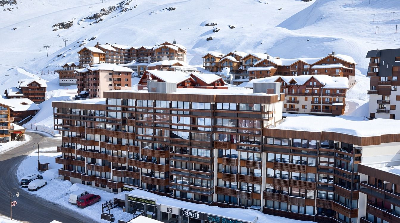 A multi-story hotel with a modern design, featuring balconies and large windows, situated in a snowy mountainous area.