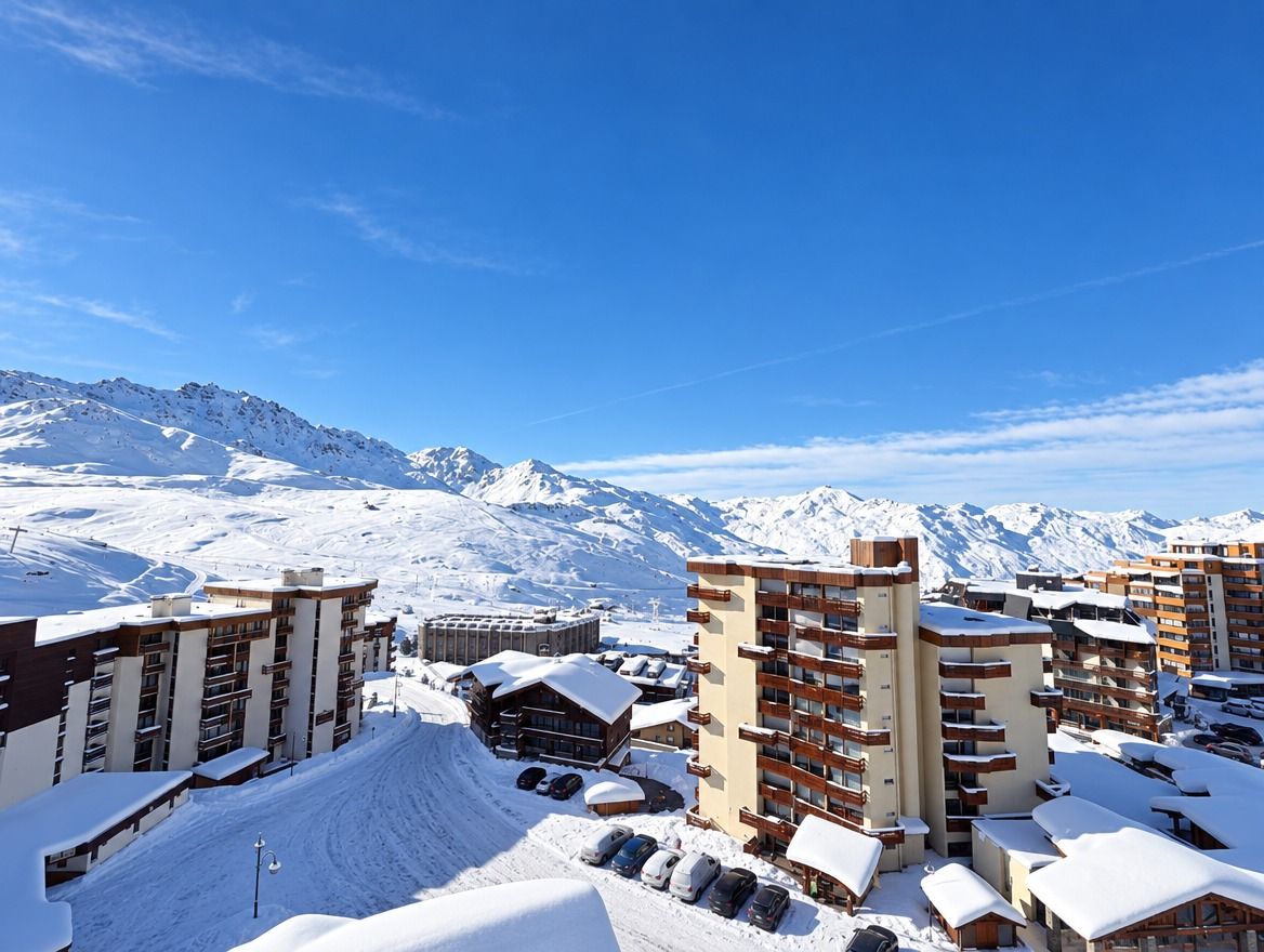 A snow-covered mountain resort with multi-story buildings, ski slopes, and a clear blue sky.