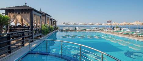 Seasonal outdoor pool, pool umbrellas, pool loungers