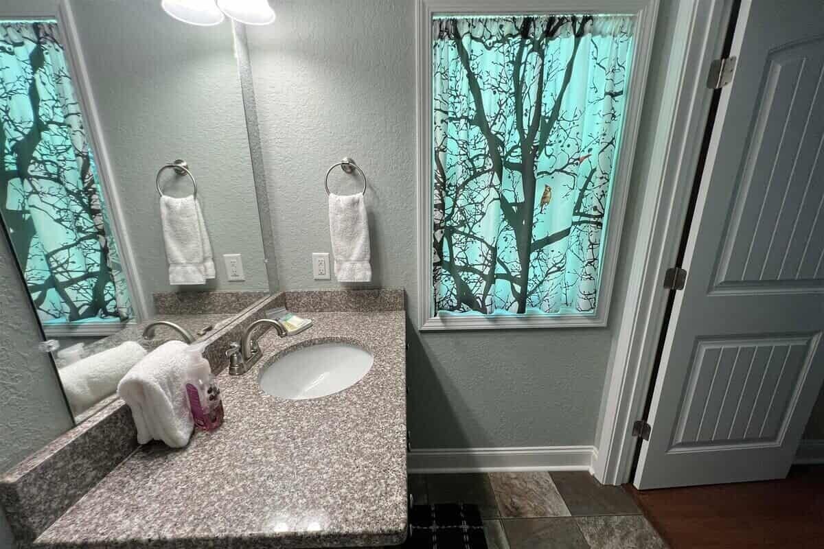Une salle de bain dotée d’un comptoir en granit, d’un lavabo, de deux porte-serviettes et d’une fenêtre ornée d’un motif représentant un arbre.