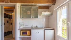 Een compacte keuken met een ingebouwde magnetron, een spoelbak en een kleine koelkast.