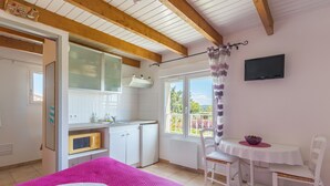 Een slaapkamer met een bed, een kleine kitchenette, een eethoek met een tafel en stoelen, en een televisie aan de muur.