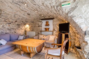 Televisie, een open haard en een tafeltennistafel