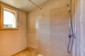 Shower, hair dryer, towels