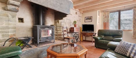 Televisión, chimenea y estéreo