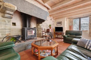 Televisión, chimenea y estéreo 