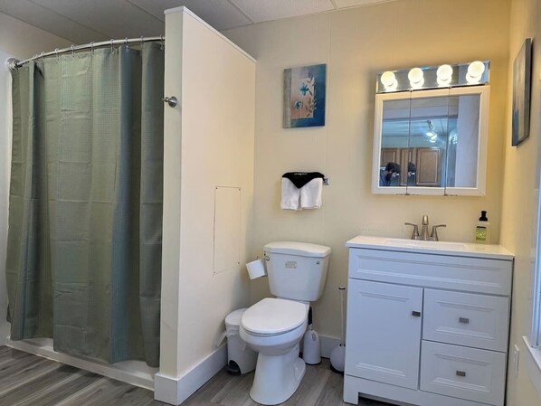 A bathroom with a shower curtain, toilet, sink, and vanity. - Eden in Downtown Bar Harbor (Bar Harbor)