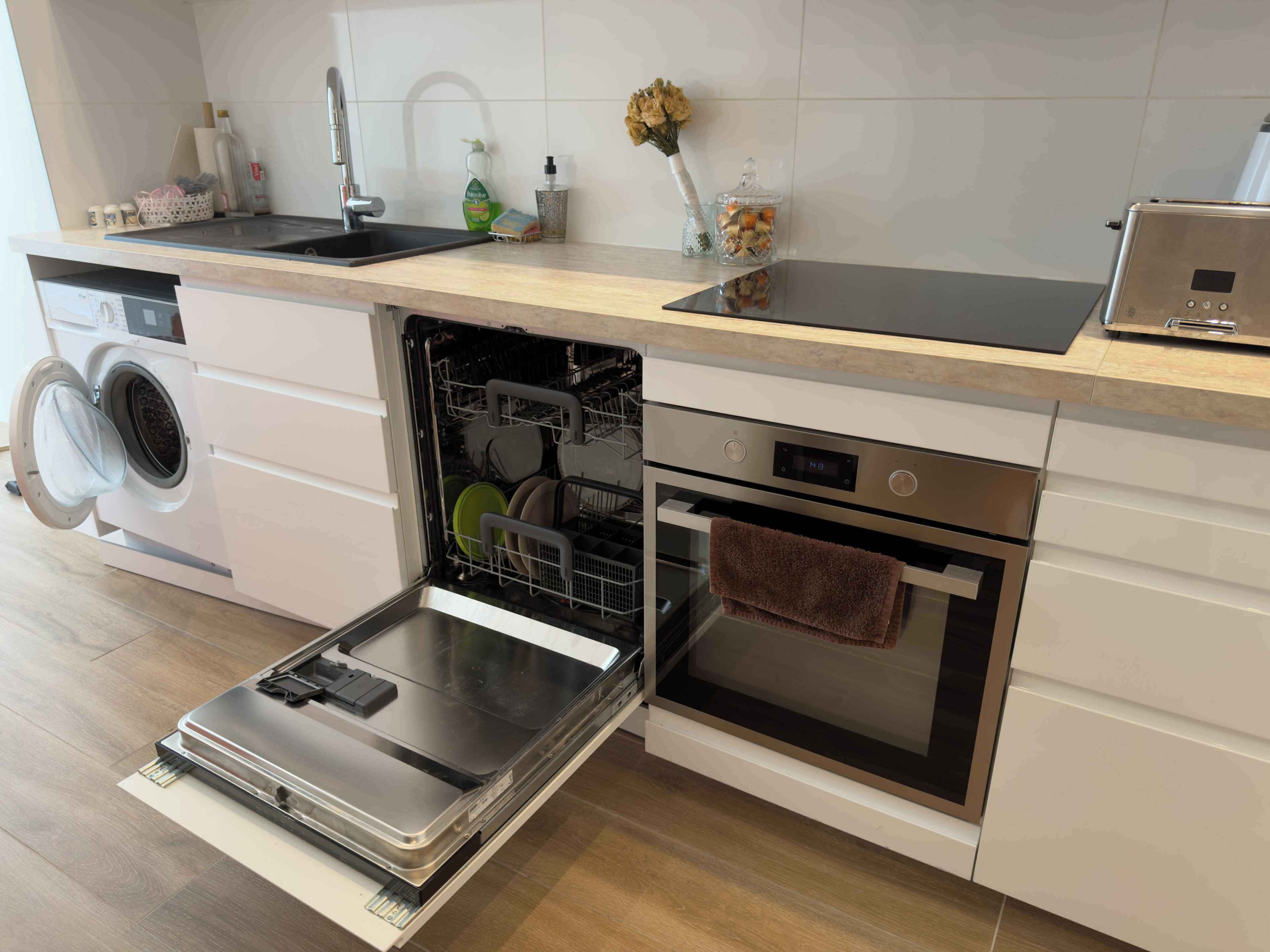 Fridge, microwave, oven, dishwasher