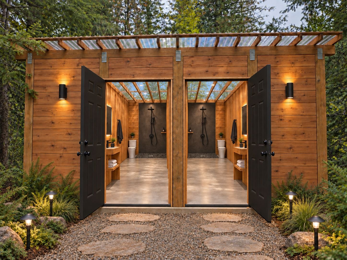 A wooden cabin with two doors, a shower area, and a small garden with stepping stones and lights.