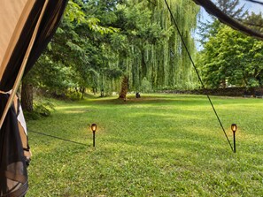 Une tente offrant une vue sur une zone herbeuse, avec des arbres et deux lanternes.
