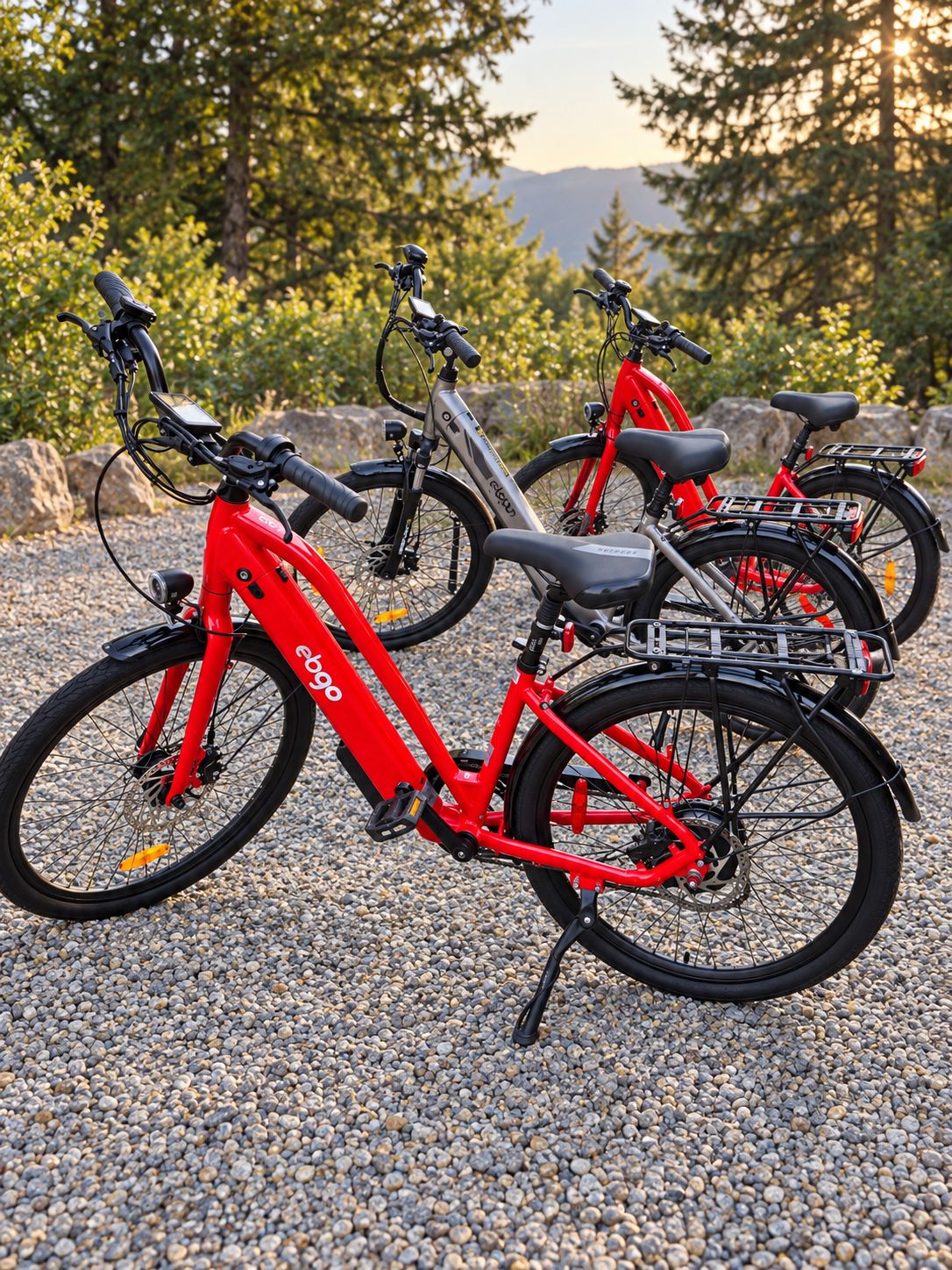 Drie elektrische fietsen staan op een grindpad, met bomen en bergen op de achtergrond.