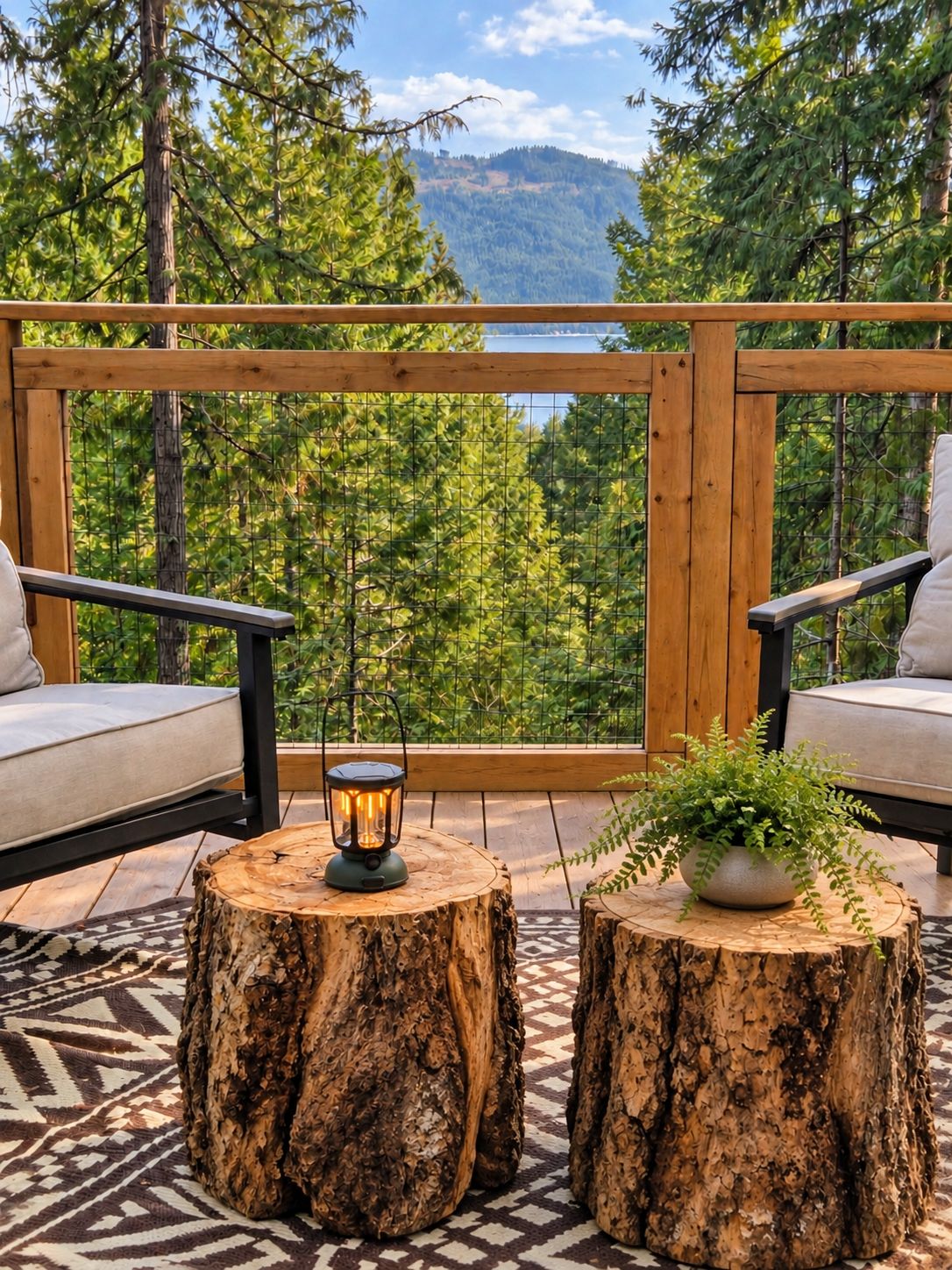 A balcony with two wooden chairs, a round table with a lantern, and a potted plant.