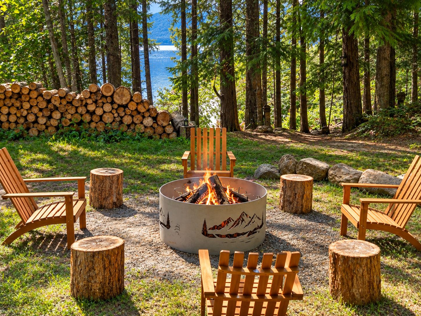 A fire pit with chairs and logs in a forested area with a lake view.