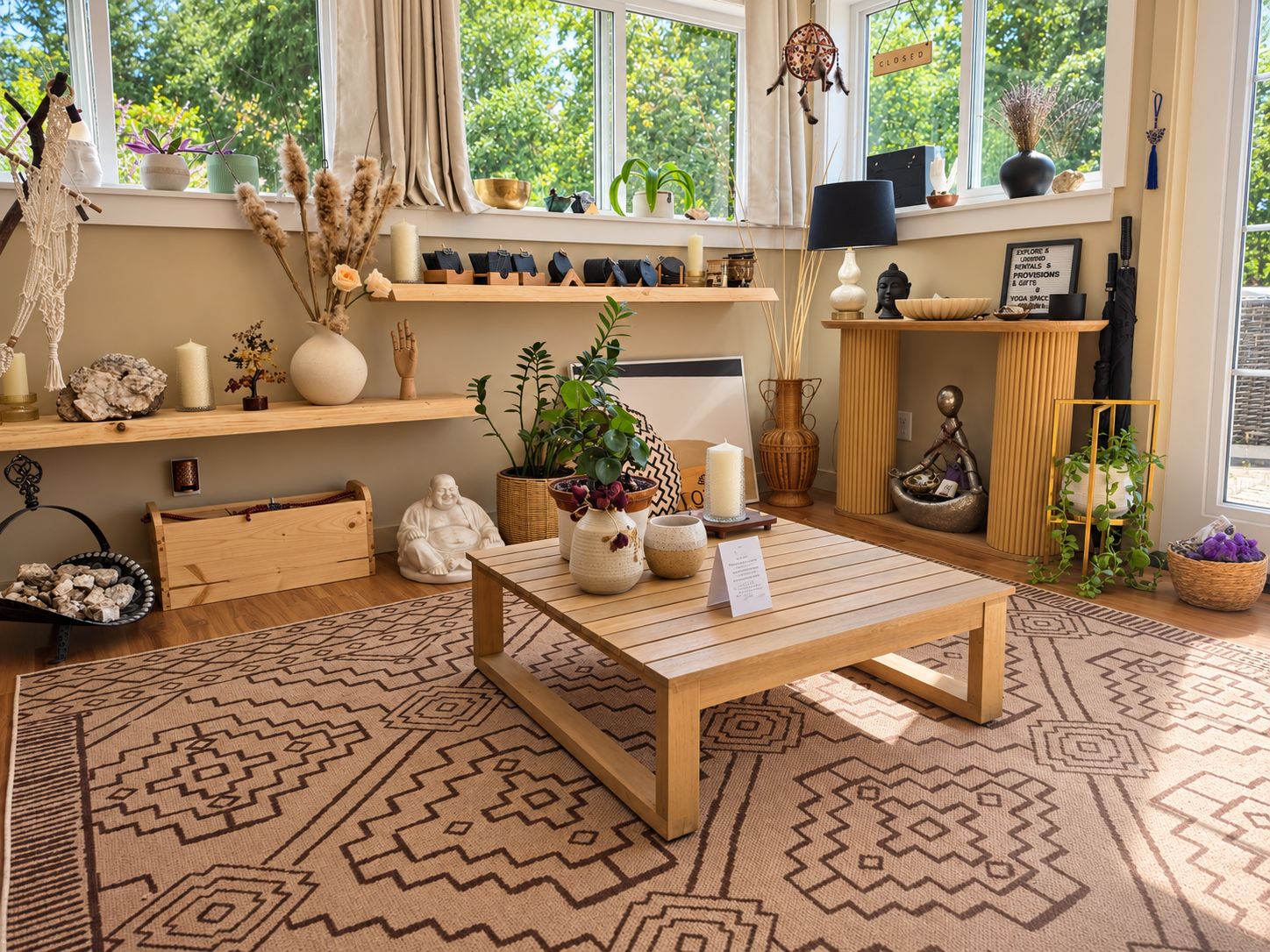 Une pièce avec une table en bois, un tapis à motifs et divers objets décoratifs, notamment une statue de Bouddha, des bougies et des plantes.