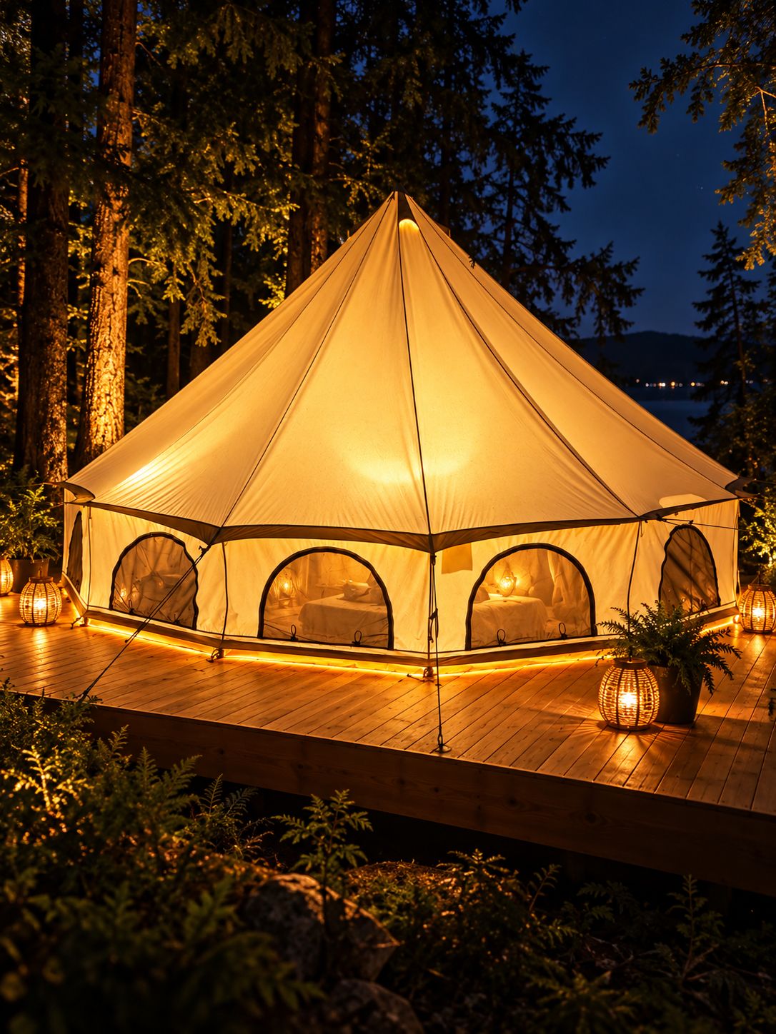 A large, dome-shaped tent with multiple entry points, set on a wooden deck surrounded by trees.