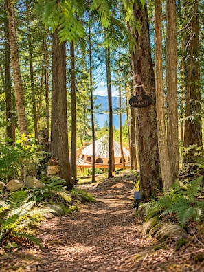 Un sentier forestier mène à un bâtiment en forme de dôme, portant l’inscription « SHANTI », au milieu de grands arbres et avec vue sur un lac.