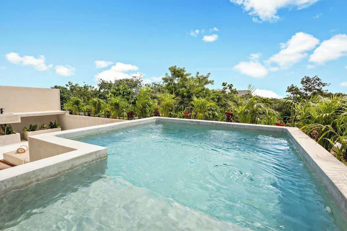 A rectangular swimming pool with clear blue water, surrounded by lush greenery and a clear sky.
