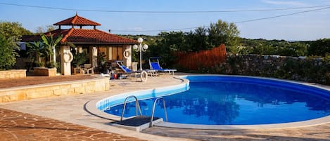 Seasonal outdoor pool, open 10:00 AM to 7:00 PM, pool umbrellas