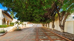 Un vialetto lastricato fiancheggiato da alberi ed edifici bianchi con archi.