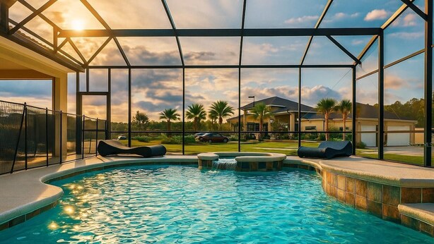 Ein Pool mit Blick auf Häuser und Palmen durch große Fenster.