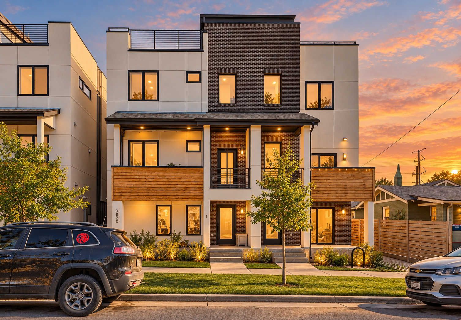 A modern multi-story residential building with a flat roof, large windows, and a well-maintained lawn.