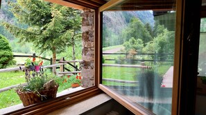 Una ventana con vista a un paisaje montañoso, una barandilla de madera y una planta en maceta con flores.