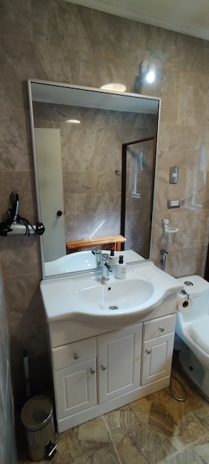 Chuveiro, secador de cabelo, toalhas de banho, sabonete