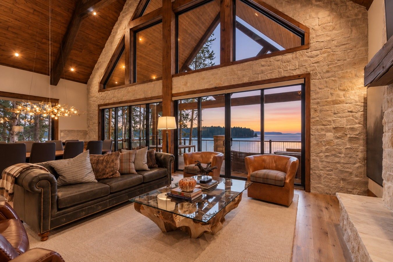 A spacious living room with a stone wall, large windows, and a view of the outdoors.