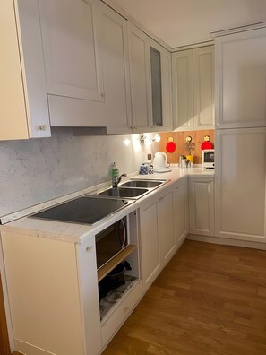 Kühlschrank, Mikrowelle, Herdplatte, Wasserkocher mit Kaffee-/Teezubehör