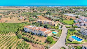 Vista aérea de una zona residencial con edificios de apartamentos, una piscina y viñedos.