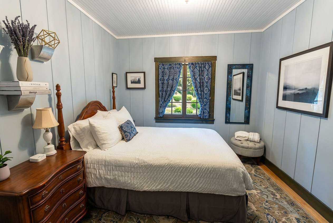A bedroom with a bed, dresser, lamp, and a window with curtains.
